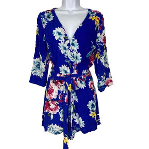 Yumi Kim Liz Romper Blue Floral 3/4 Sleeve Surplice V-Neck Belted Size 4